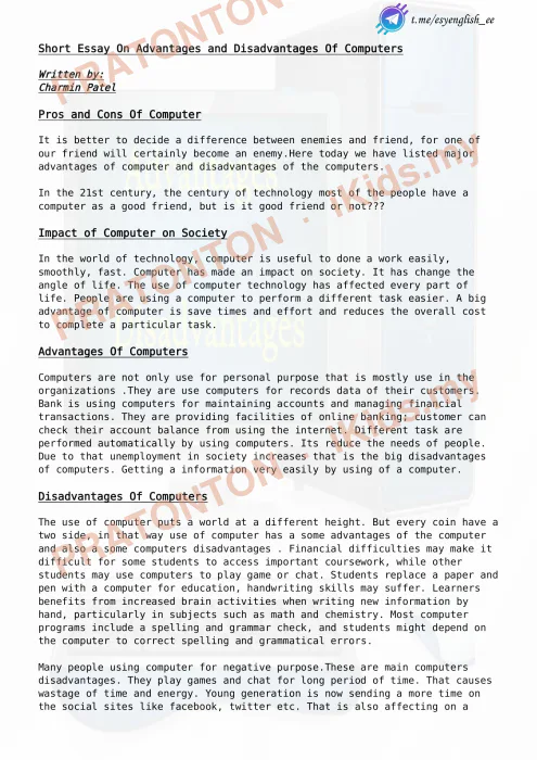 Pratonton muka 1 lembaran Contoh Karangan Bahasa Inggeris — Advantages And Disadvantages Of Computers — Bahasa Inggeris Tahun 6