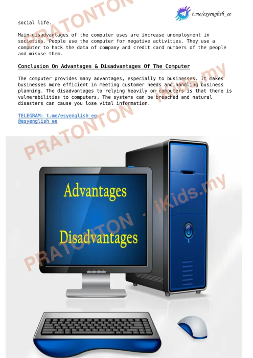 Pratonton muka 2 lembaran Contoh Karangan Bahasa Inggeris — Advantages And Disadvantages Of Computers — Bahasa Inggeris Tahun 6