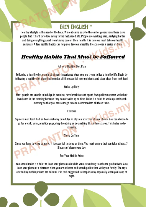 Pratonton muka 2 lembaran Contoh Karangan Bahasa Inggeris — Healthy Lifestyle — Bahasa Inggeris Tahun 6
