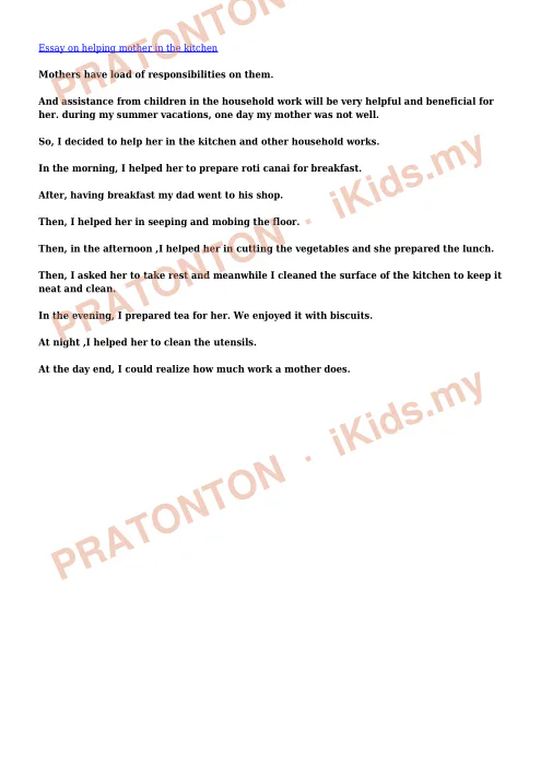 Pratonton muka 1 lembaran Contoh Karangan Bahasa Inggeris — Helping Mother In The Kitchen — Bahasa Inggeris Tahun 6