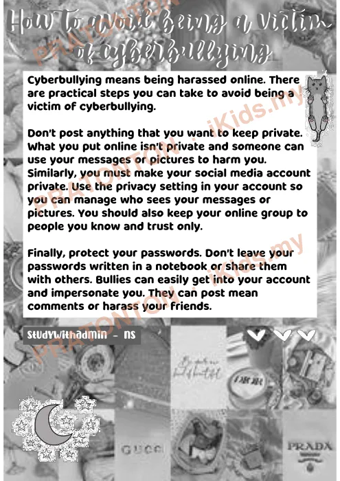 Pratonton muka 1 lembaran Contoh Karangan Bahasa Inggeris — How To Avoid Being A Victim Of Cyberbullying — Bahasa Inggeris Tahun 6