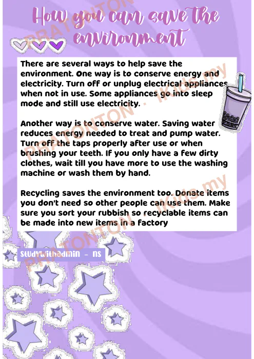 Pratonton muka 1 lembaran Contoh Karangan Bahasa Inggeris — How You Can Save The Environment — Bahasa Inggeris Tahun 6