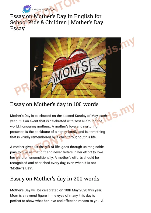 Pratonton muka 1 lembaran Contoh Karangan Bahasa Inggeris — Mother's Day — Bahasa Inggeris Tahun 6