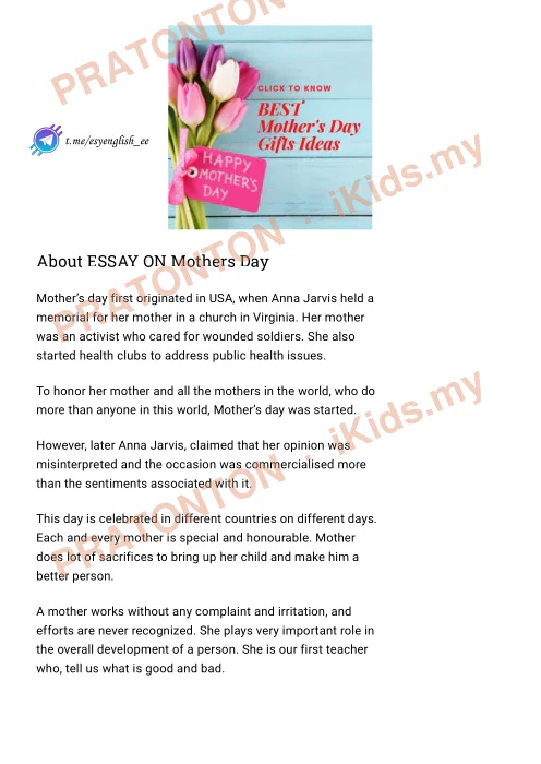 Pratonton muka 3 lembaran Contoh Karangan Bahasa Inggeris — Mother's Day — Bahasa Inggeris Tahun 6