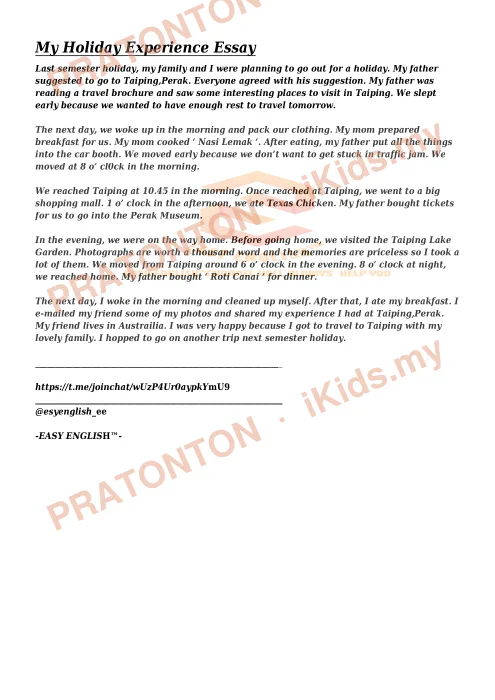 Pratonton muka 1 lembaran Contoh Karangan Bahasa Inggeris — My Holiday Experience — Bahasa Inggeris Tahun 6