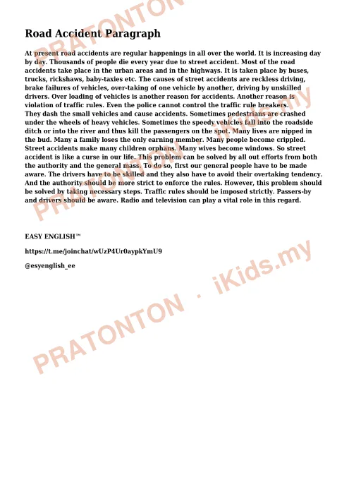 Pratonton muka 1 lembaran Contoh Karangan Bahasa Inggeris — Road Accident — Bahasa Inggeris Tahun 6