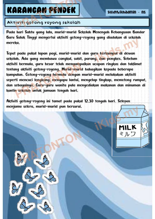 Pratonton muka 1 lembaran Contoh Karangan Pendek — Aktiviti Gotong-royong Sekolah — Bahasa Melayu Tahun 6