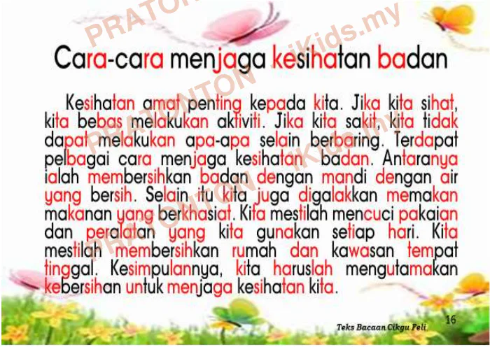 Pratonton muka 1 lembaran Contoh Karangan Pendek — Cara-cara Menjaga Kesihatan Badan — Bahasa Melayu Tahun 6