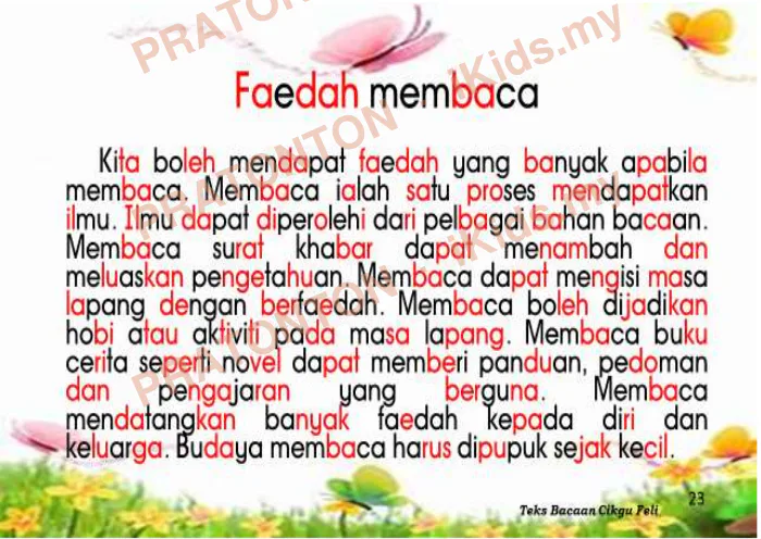 Pratonton muka 1 lembaran Contoh Karangan Pendek — Faedah Membaca — Bahasa Melayu Tahun 6