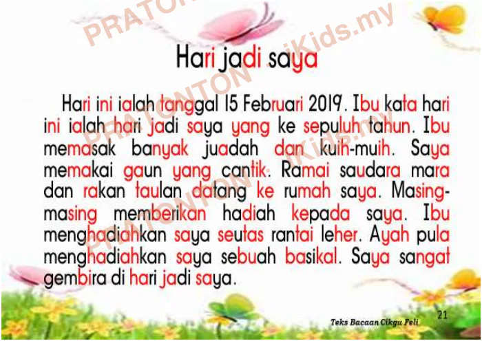 Pratonton muka 1 lembaran Contoh Karangan Pendek — Hari Jadi Saya — Bahasa Melayu Tahun 6