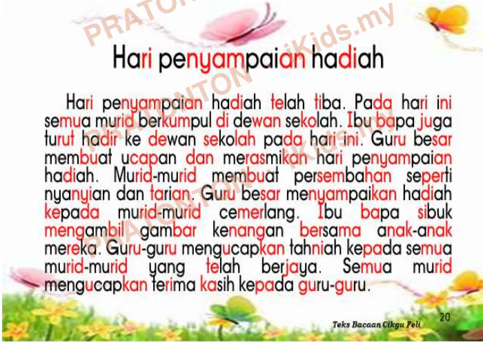 Pratonton muka 1 lembaran Contoh Karangan Pendek — Hari Penyampaian Hadiah — Bahasa Melayu Tahun 6