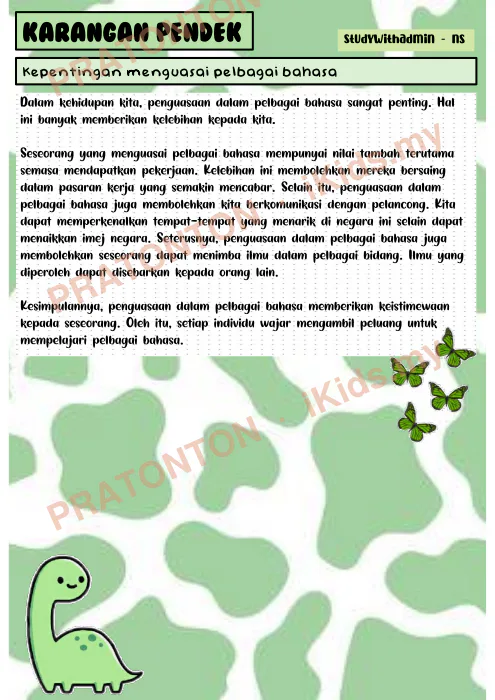 Pratonton muka 1 lembaran Contoh Karangan Pendek — Kepentingan Menguasai Pelbagai Bahasa — Bahasa Melayu Tahun 6