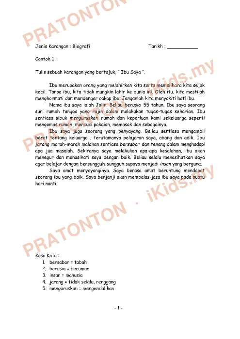 Pratonton muka 1 lembaran Contoh Latihan Karangan Sekolah Rendah — Koleksi Lengkap — Bahasa Melayu Tahun 6