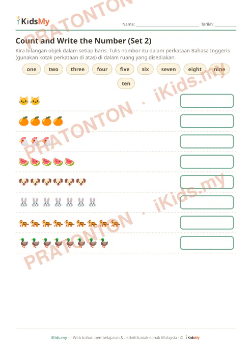 Pratonton muka 1 lembaran Count and Write the Number (Set 2) — Bahasa Inggeris Tahun 1