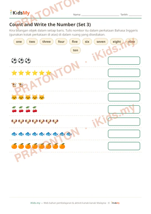 Pratonton muka 1 lembaran Count and Write the Number (Set 3) — Bahasa Inggeris Tahun 1