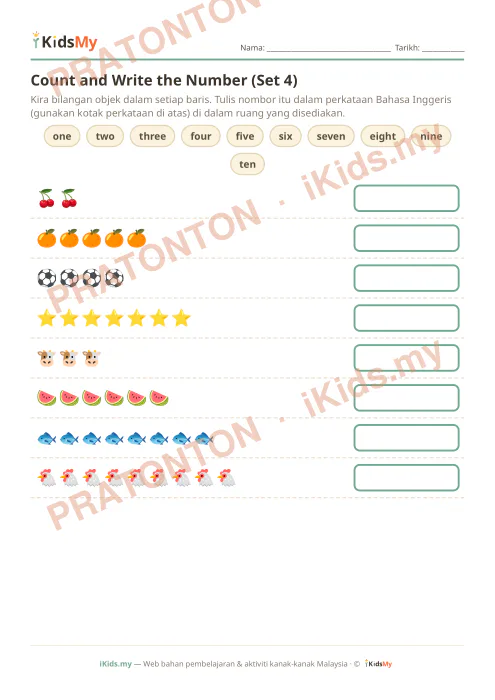 Pratonton muka 1 lembaran Count and Write the Number (Set 4) — Bahasa Inggeris Tahun 1