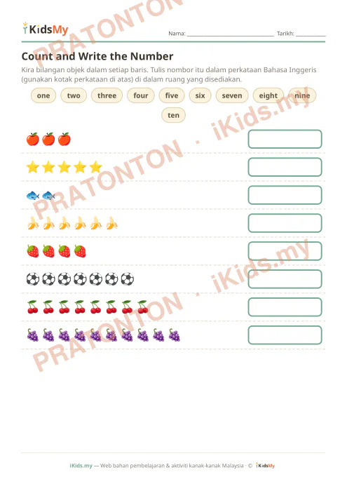 Pratonton muka 1 lembaran Count and Write the Number — Bahasa Inggeris Tadika (2-6)