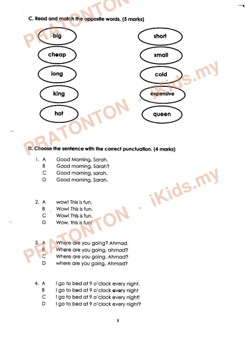 Pratonton muka 3 lembaran Kertas Soalan Bahasa Inggeris 7 — Bahasa Inggeris Tahun 3