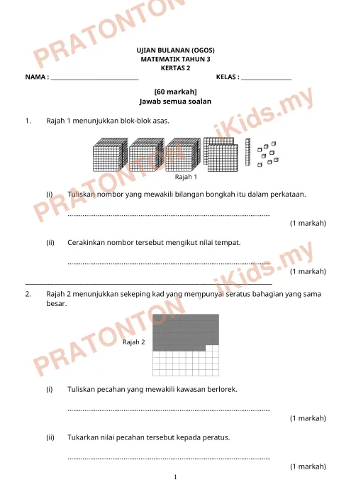 Pratonton muka 1 lembaran Kertas Soalan Matematik 8 — Matematik Tahun 3