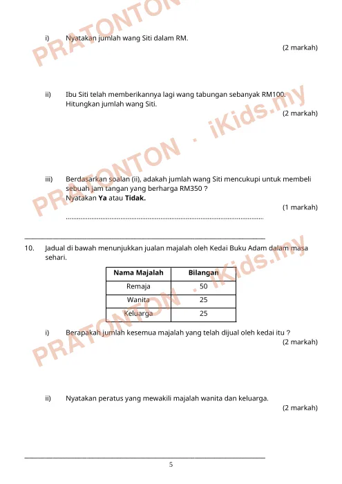 Pratonton muka 5 lembaran Kertas Soalan Matematik 8 — Matematik Tahun 3