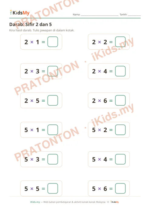 Pratonton muka 1 lembaran Darab: Sifir 2 dan 5 — Matematik Tahun 2