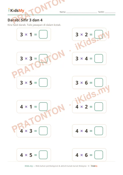 Pratonton muka 1 lembaran Darab: Sifir 3 dan 4 — Matematik Tahun 2