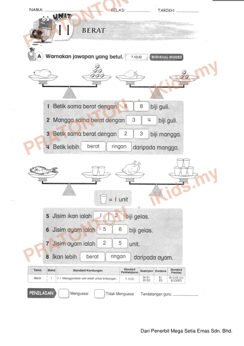 Pratonton muka 1 lembaran Dari Penerbit Mega Setia Emas Sdn. Bhd. — Matematik Tahun 1