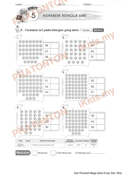 Pratonton muka 1 lembaran Dari Penerbit Mega Setia Emas Sdn. Bhd. — Matematik Tahun 1