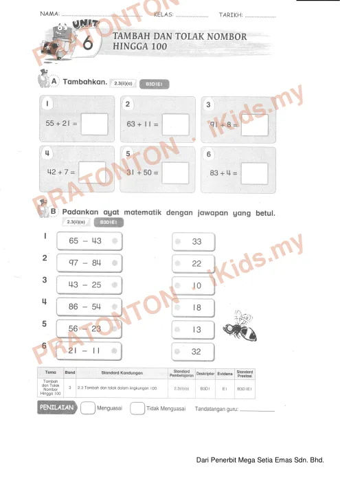 Pratonton muka 1 lembaran Dari Penerbit Mega Setia Emas Sdn. Bhd. — Matematik Tahun 1