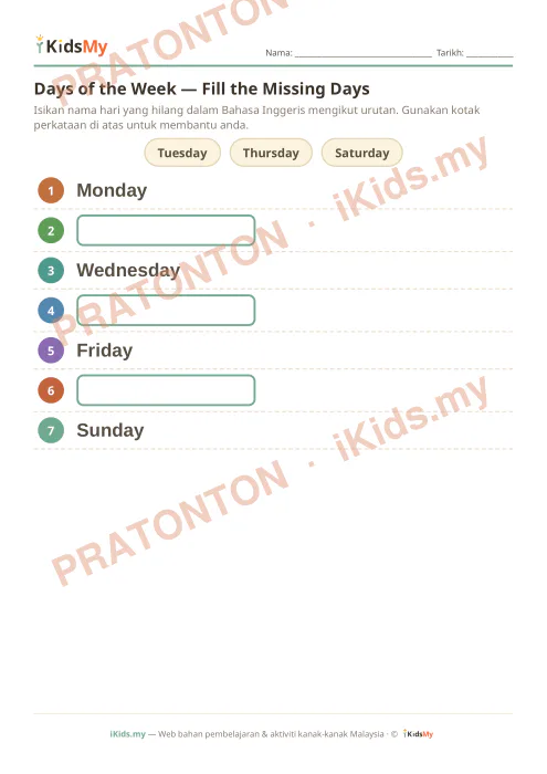 Pratonton muka 1 lembaran Days of the Week — Fill the Missing Days — Bahasa Inggeris Tahun 1