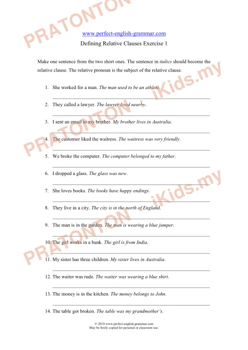 Pratonton muka 1 lembaran Defining Relative Clauses Exercise 1 — Bahasa Inggeris Tahun 1