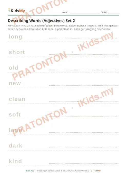 Pratonton muka 1 lembaran Describing Words (Adjectives) Set 2 — Bahasa Inggeris Tahun 1
