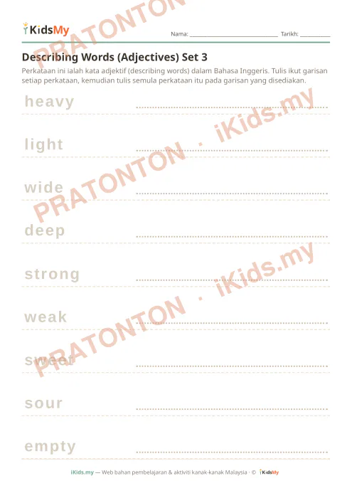 Pratonton muka 1 lembaran Describing Words (Adjectives) Set 3 — Bahasa Inggeris Tahun 1