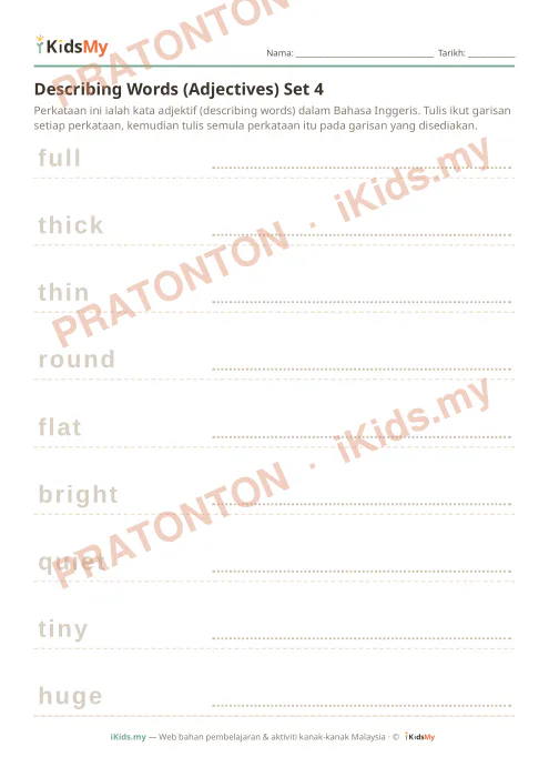 Pratonton muka 1 lembaran Describing Words (Adjectives) Set 4 — Bahasa Inggeris Tahun 1