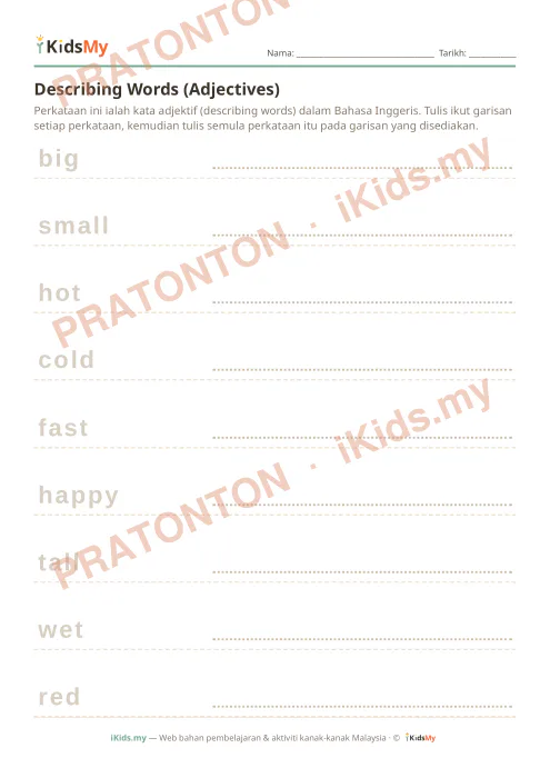 Pratonton muka 1 lembaran Describing Words (Adjectives) — Bahasa Inggeris Tadika (2-6)