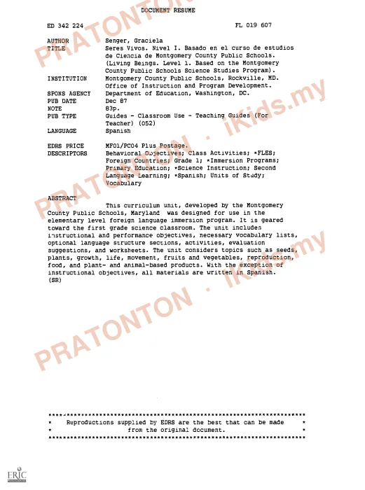Pratonton muka 1 lembaran DOCUMENT RESUME — Bahasa Inggeris Tahun 1