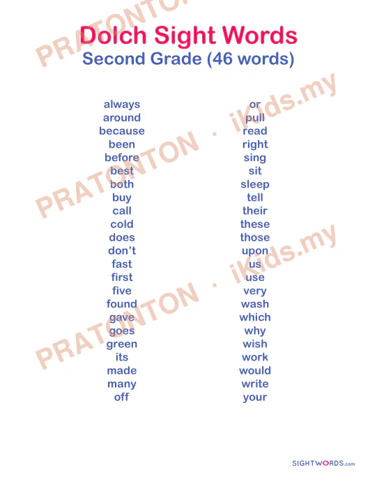 Pratonton muka 1 lembaran Dolch Sight Words — Bahasa Inggeris Tahun 2