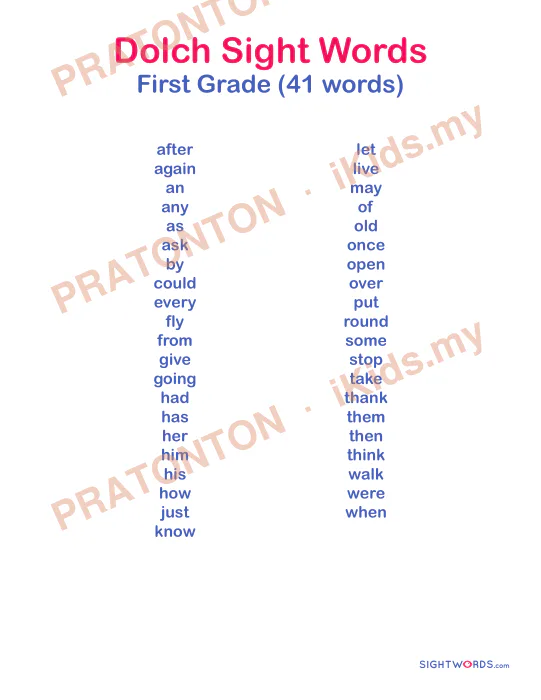Pratonton muka 1 lembaran Dolch Sight Words — Bahasa Inggeris Tahun 1