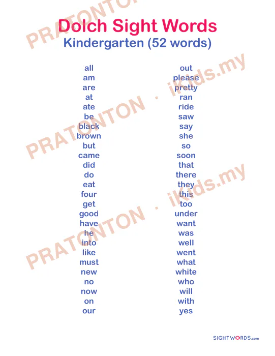 Pratonton muka 1 lembaran Dolch Sight Words — Bahasa Inggeris Tahun 1