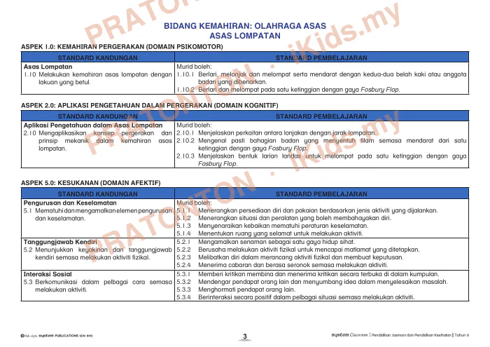 Pratonton muka 3 lembaran DSKP Unit 6 — Olahraga Asas: Berlari dan Berjalan — Pendidikan Kesihatan Tahun 6