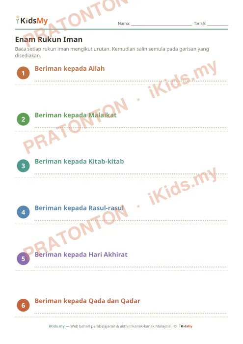 Pratonton muka 1 lembaran Enam Rukun Iman — Pendidikan Islam Tadika (2-6)