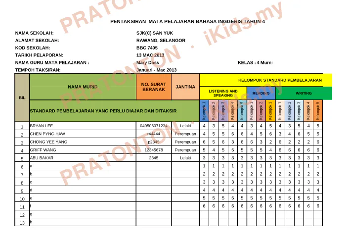 Pratonton muka 1 lembaran English Assessment 1 — Bahasa Inggeris Tahun 4