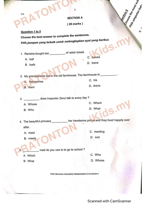 Pratonton muka 1 lembaran English Comprehension — Bahasa Inggeris Tahun 4