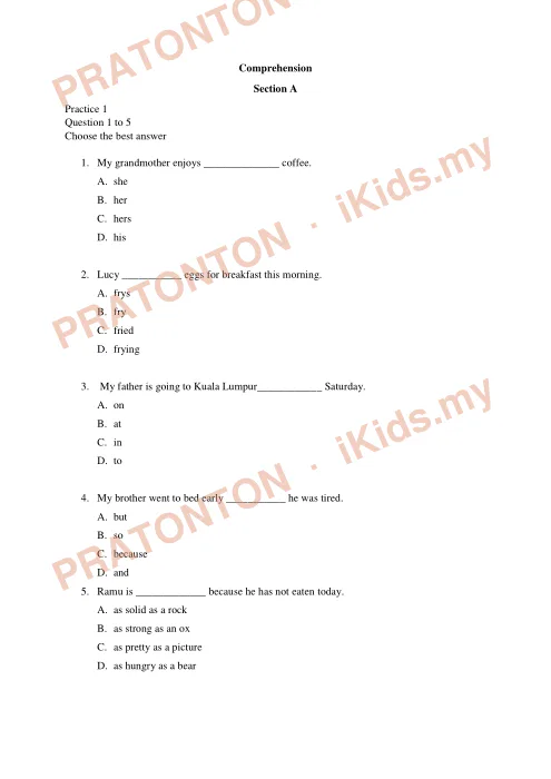 Pratonton muka 1 lembaran English Comprehension — Bahasa Inggeris Tahun 4