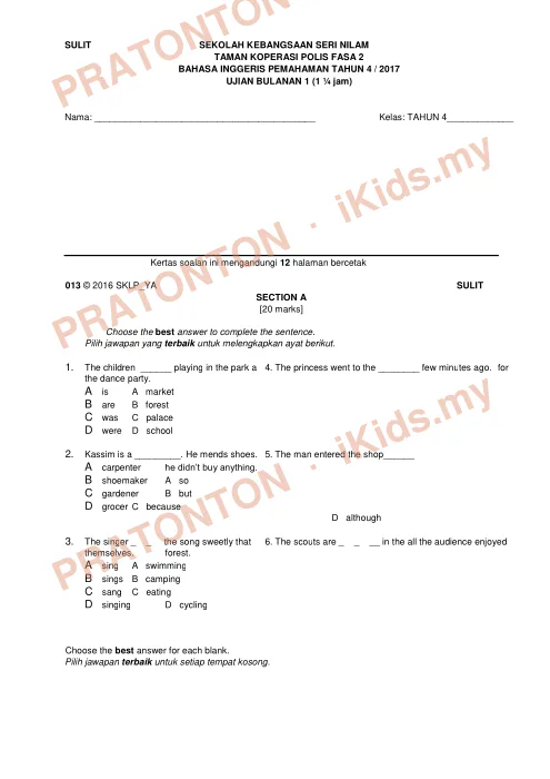 Pratonton muka 1 lembaran English Reading Comprehension 16 — Bahasa Inggeris Tahun 4