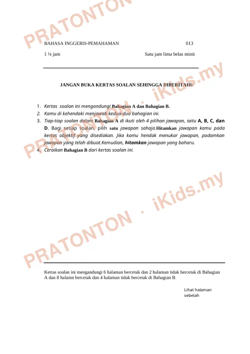 Pratonton muka 1 lembaran English Comprehension — Bahasa Inggeris Tahun 4