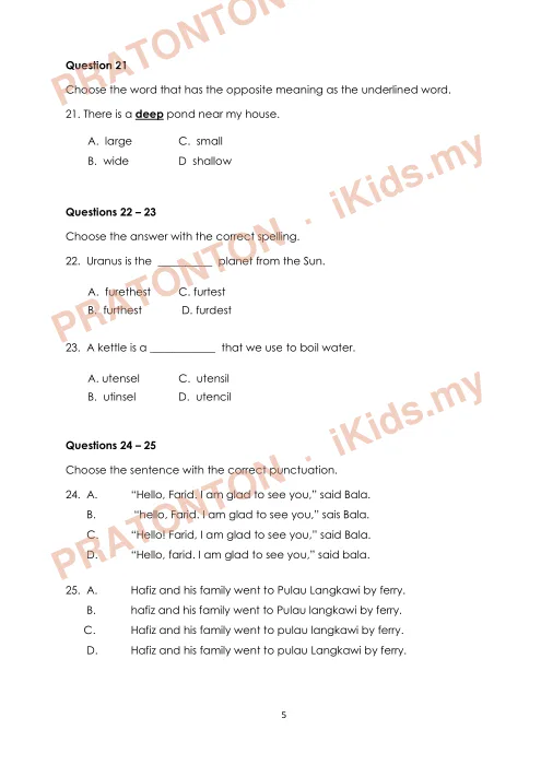 Pratonton muka 5 lembaran English Final Year Test 10 — Bahasa Inggeris Tahun 4