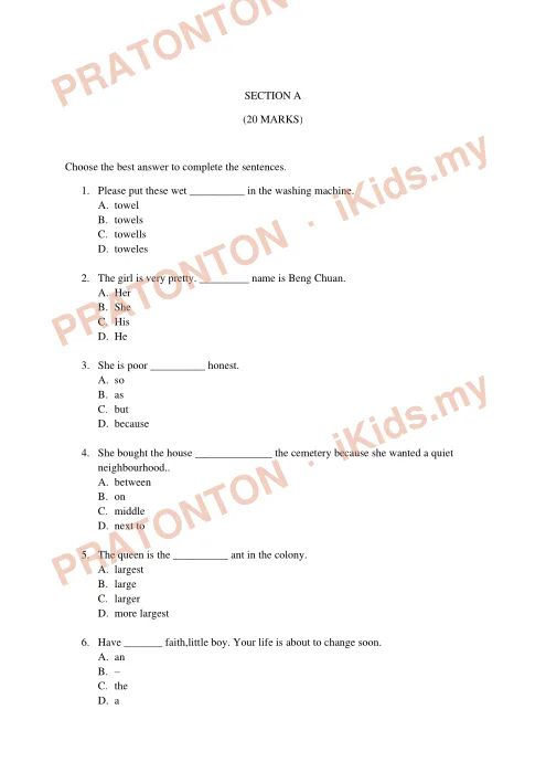 Pratonton muka 1 lembaran English Final Year Test 2 — Bahasa Inggeris Tahun 4