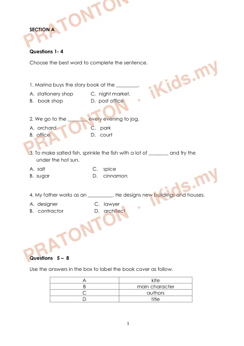 Pratonton muka 1 lembaran English Final Year Test 7 — Bahasa Inggeris Tahun 4