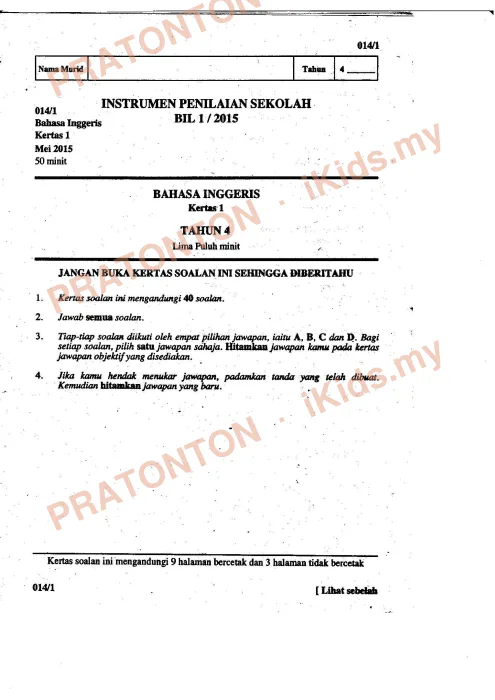 Pratonton muka 1 lembaran English Mid-Year Test 4 — Bahasa Inggeris Tahun 4